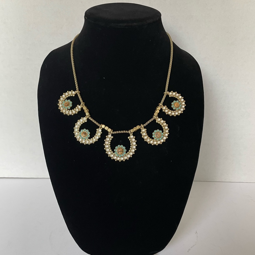 Lucky Brand statement necklace with gold silver and turquoise EUC